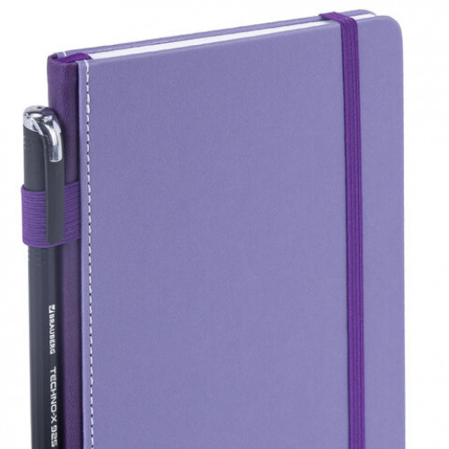 Блокнот А5 135x212мм BRAUBERG Soft touch под кожу, резинка, держатель, 80л клетка, сиреневый, 117150