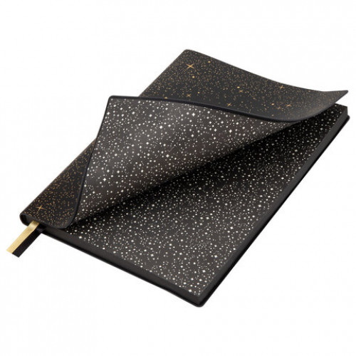 Блокнот B6, 130x185 мм, BRAUBERG Stellar, под кожу, 80 листов, фольга, резинка, клетка, черный, 118652