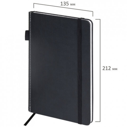 Блокнот А5 135x212мм BRAUBERG Soft touch под кожу, резинка, держатель, 80л клетка, черный, 117145
