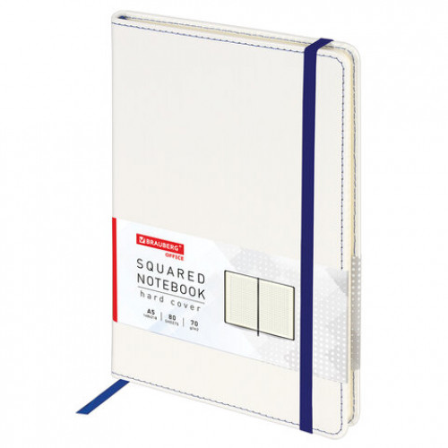 Блокнот А5 (148x218 мм), BRAUBERG Office, под кожу, 80 л., резинка, клетка, белый, 111029