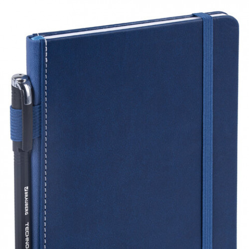Блокнот А5 135x212мм BRAUBERG Soft touch под кожу, резинка, держатель, 80л клетка, синий, 117149