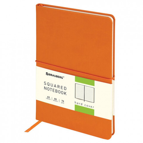 Блокнот А5 (148x218 мм), BRAUBERG Metropolis X, под кожу, 80 л., резинка, клетка, оранжевый, 111032