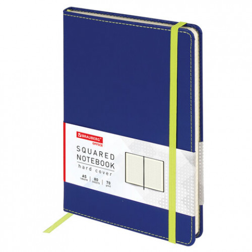 Блокнот А5 (148x218 мм), BRAUBERG Office, под кожу, 80 л., резинка, клетка, синий, 111028