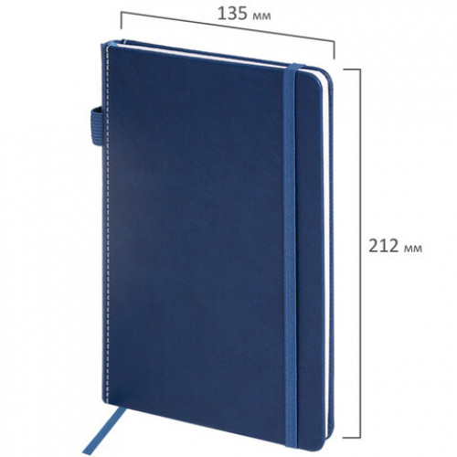 Блокнот А5 135x212мм BRAUBERG Soft touch под кожу, резинка, держатель, 80л клетка, синий, 117149