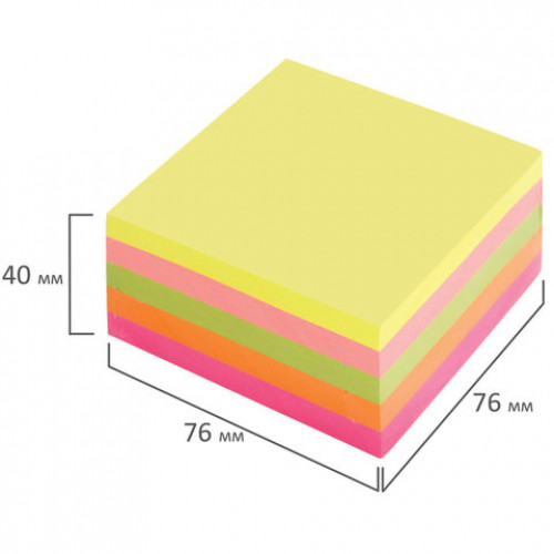 Блок самоклеящийся (стикеры), BRAUBERG, НЕОНОВЫЙ, 76х76 мм, 400 листов, 5 цветов, 122855