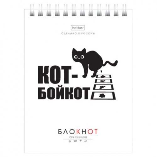 Блокнот МАЛЫЙ ФОРМАТ А6, 40 л., гребень, картон, клетка, HATBER, Муркомания, 090640, 40Б6В1гр