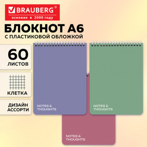 Блокнот МАЛЫЙ А6, 105х148 мм, 60 л., гребень, пластик, клетка, BRAUBERG Mineral, АССОРТИ 3 цвета, 118628