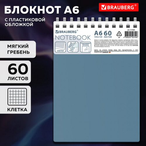 Блокнот МАЛЫЙ ФОРМАТ А6, 60 л., силиконовый гребень, обложка пластик, клетка, BRAUBERG, синий, 117565
