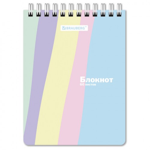 Блокнот МАЛЫЙ ФОРМАТ А6 108х145 мм, 60 л., гребень, картон, клетка, кросс-серия PASTEL, BRAUBERG, 117033