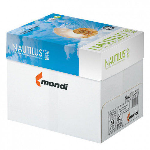 Бумага офисная А4, 80 г/м2, 500 л., марка А, NAUTILUS SUPER WHITE, RECYCLED, 150% (CIE)