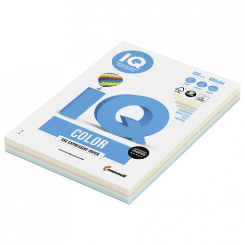 Бумага цветная IQ color, А4, 160 г/м2, 100 л. (5 цветов x 20 листов), микс пастель, RB01