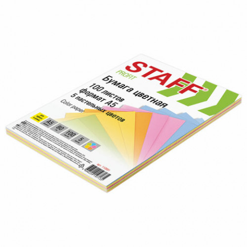 Бумага цветная STAFF Profit МАЛОГО ФОРМАТА (148х210 мм), А5, 80 г/м2, 100 л. (5цв. х 20 л.), цветная пастель, для офиса и дома, 110891