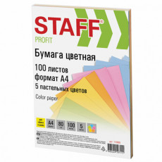 Бумага цветная STAFF Profit, А4, 80 г/м2, 100 л. (5 цв. х 20 л.), пастель, для офиса и дома, 110889