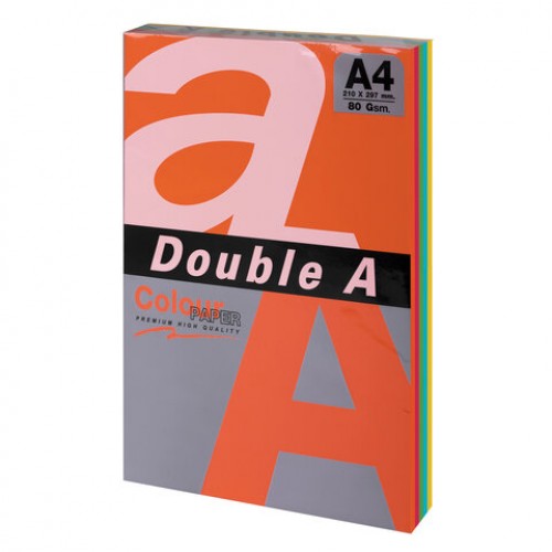 Бумага цветная DOUBLE A, А4, 80 г/м2, 100 л., 5 цветов x 20 л., микс интенсив