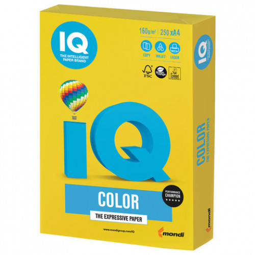 Бумага цветная IQ color, А4, 160 г/м2, 250 л., интенсив, ярко-желтая, IG50
