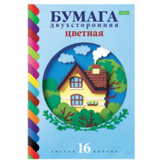 Цветная бумага А4 2-сторонняя газетная, 16 листов, 16 цветов, на скобе, HATBER ECO, 200х270 мм, Домик в лесу, 059756, 16Бц4_20828