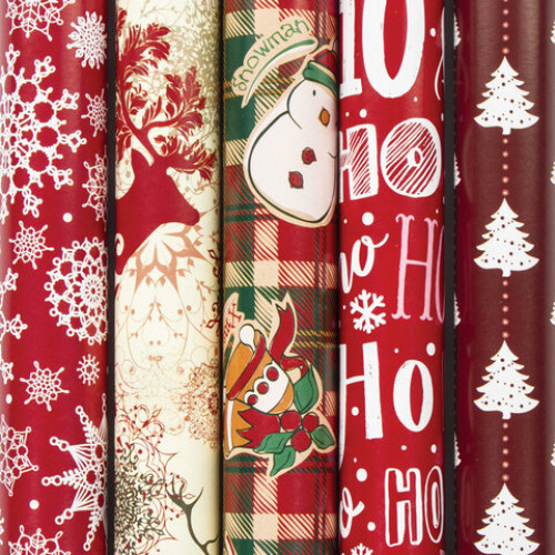 Бумага упаковочная новогодняя 70х100 см ЗОЛОТАЯ СКАЗКА Red Collection, 5 дизайнов, 70 г/м2, 591582