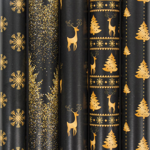 Бумага упаковочная новогодняя 70х100 см ЗОЛОТАЯ СКАЗКА Black&Gold, 5 дизайнов, 70 г/м2, 591584