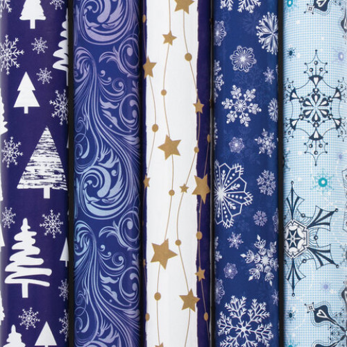 Бумага упаковочная новогодняя 70х100 см ЗОЛОТАЯ СКАЗКА Blue Collection, 5 дизайнов, 70 г/м2, 591583