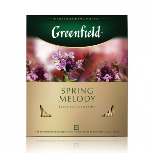 Чай GREENFIELD (Гринфилд) Spring Melody (Мелодия весны), черный с чабрецом, 100 пакетиков в конвертах по 1,5 г, 1065-09