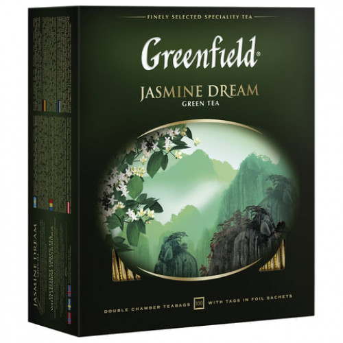 Чай GREENFIELD (Гринфилд) Jasmine Dream (Жасминовый сон), зеленый с жасмином, 100 пакетиков в конвертах по 2 г, 0586-09