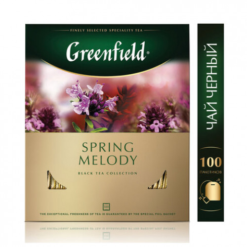 Чай GREENFIELD (Гринфилд) Spring Melody (Мелодия весны), черный с чабрецом, 100 пакетиков в конвертах по 1,5 г, 1065-09