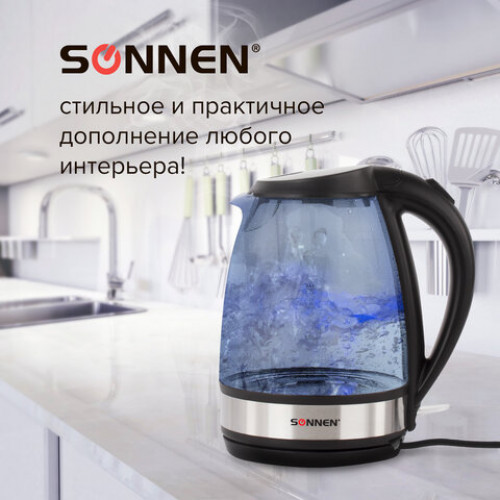 Чайник SONNEN KT-201, 1,7 л, 2200 Вт, закрытый нагревательный элемент, стекло, подсветка, черный, 451712