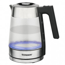 Чайник электрический SONNEN KT-1809, 1,8л, 2200 Вт, термостойкое стекло текстура ромб, внутренняя подсветка синяя, нержавеющая сталь, 455142