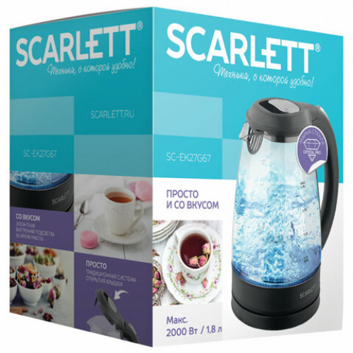 Чайник SCARLETT SC-EK27G67, 1,8 л, 2000 Вт, закрытый нагревательный элемент, стекло, черный