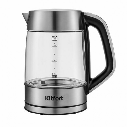 Чайник KITFORT КТ-6114, 1,7л, 2200Вт, закрытый нагревательный элемент, LED дисплей, ТЕРМОРЕГУЛЯТОР, стекло, серебро
