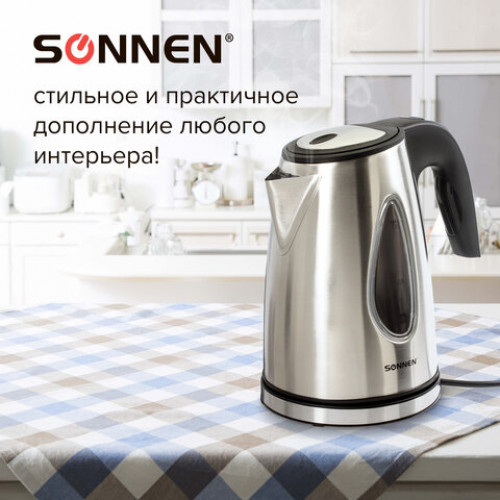 Чайник SONNEN KT-1721, 1,7 л, 2200 Вт, закрытый нагревательный элемент, нержавеющая сталь, черный, подсветка, 454347