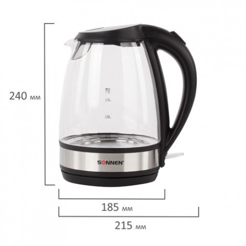 Чайник SONNEN KT-201, 1,7 л, 2200 Вт, закрытый нагревательный элемент, стекло, подсветка, черный, 451712