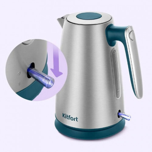 Чайник KITFORT КТ-8725, 1,7л, 2200Вт, закрытый нагревательный элемент, сталь/пластик, серебр./бирюз