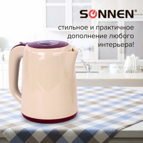 Чайник SONNEN KT-002, 1,7 л, 2200 Вт, закрытый нагревательный элемент, пластик, бежевый/красный, 451711