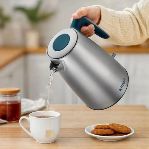 Чайник KITFORT КТ-8725, 1,7л, 2200Вт, закрытый нагревательный элемент, сталь/пластик, серебр./бирюз