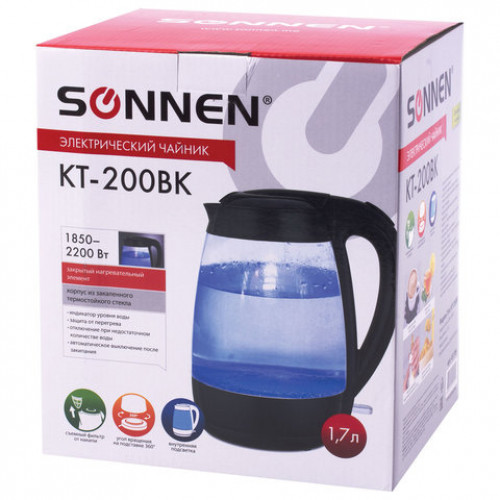 Чайник SONNEN KT-200BK, 1,7 л, 2200 Вт, закрытый нагревательный элемент, стекло, подсветка, черный, 451709