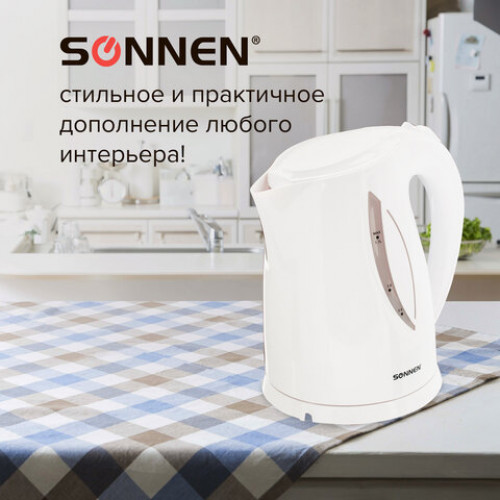 Чайник SONNEN KT-1758, 1,7 л, 2200 Вт, закрытый нагревательный элемент, пластик, белый, 453415