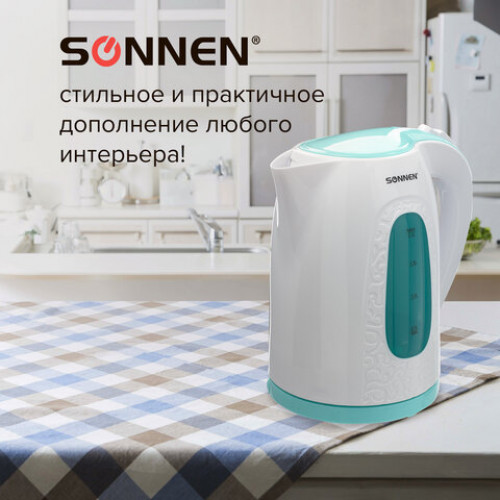 Чайник SONNEN KT-2016, 2 л, 2200 Вт, закрытый нагревательный элемент, пластик, белый/голубой, 453417