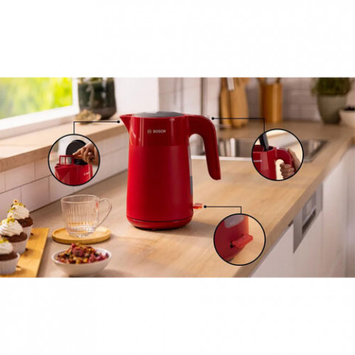 Чайник BOSCH TWK 2M164, 1,7 л, 2400 Вт, закрытый нагревательный элемент, пластик, красный