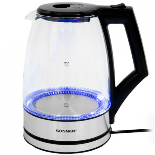 Чайник электрический SONNEN KT-1807, 1,8 л, 2200 Вт, термостойкое стекло, внутренняя подсветка синяя, нержавеющая сталь, 455140