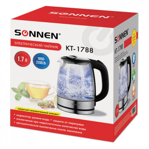 Чайник SONNEN KT-1788, 1,7 л, 2200 Вт, закрытый нагревательный элемент, стекло, черный, подсветка, 454349