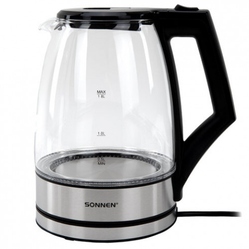 Чайник электрический SONNEN KT-1807, 1,8 л, 2200 Вт, термостойкое стекло, внутренняя подсветка синяя, нержавеющая сталь, 455140