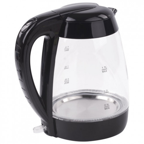 Чайник SONNEN KT-200BK, 1,7 л, 2200 Вт, закрытый нагревательный элемент, стекло, подсветка, черный, 451709