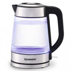 Чайник электрический SONNEN KT-6801, 1,8 л, 2200 Вт, термостойкое стекло текстура полоска, внутренняя подсветка синяя, нерж. сталь, 455143