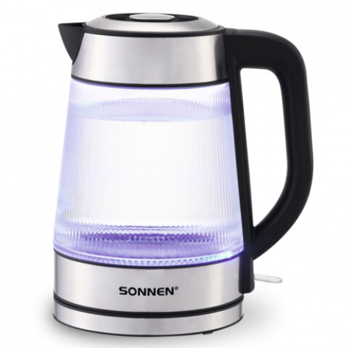 Чайник электрический SONNEN KT-6801, 1,8 л, 2200 Вт, термостойкое стекло текстура полоска, внутренняя подсветка синяя, нерж. сталь, 455143