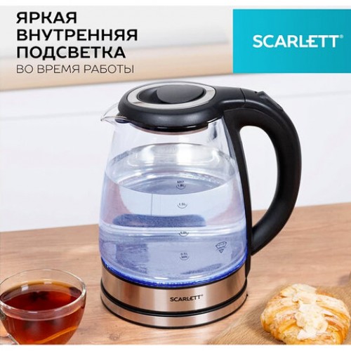 Чайник SCARLETT SC-EK27G88, 1,8л, 1800Вт, закрытый нагревательный элемент, стекло, че