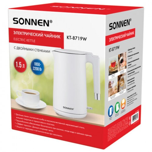 Чайник электрический с двойными стенками SONNEN KT-8719W, 1,5 л, 2200 Вт, белый, 454691