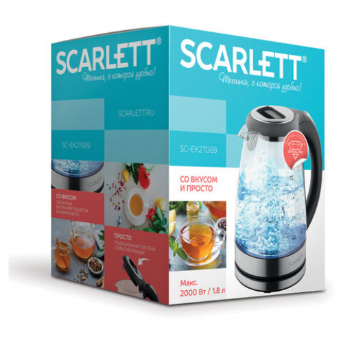 Чайник SCARLETT SC-EK27G69, 1,8 л, 2000 Вт, закрытый нагревательный элемент, стекло, черный