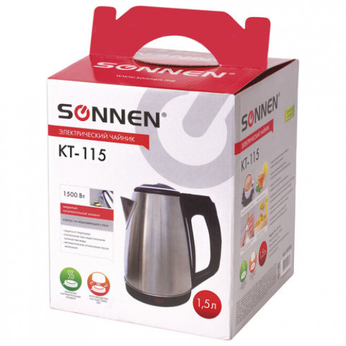 Чайник SONNEN KT-115, 1,5 л, 1500 Вт, закрытый нагревательный элемент, нержавеющая сталь, серебристый, 452925