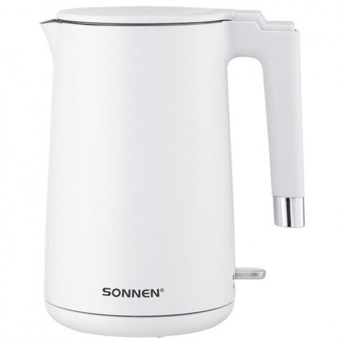 Чайник электрический с двойными стенками SONNEN KT-8719W, 1,5 л, 2200 Вт, белый, 454691